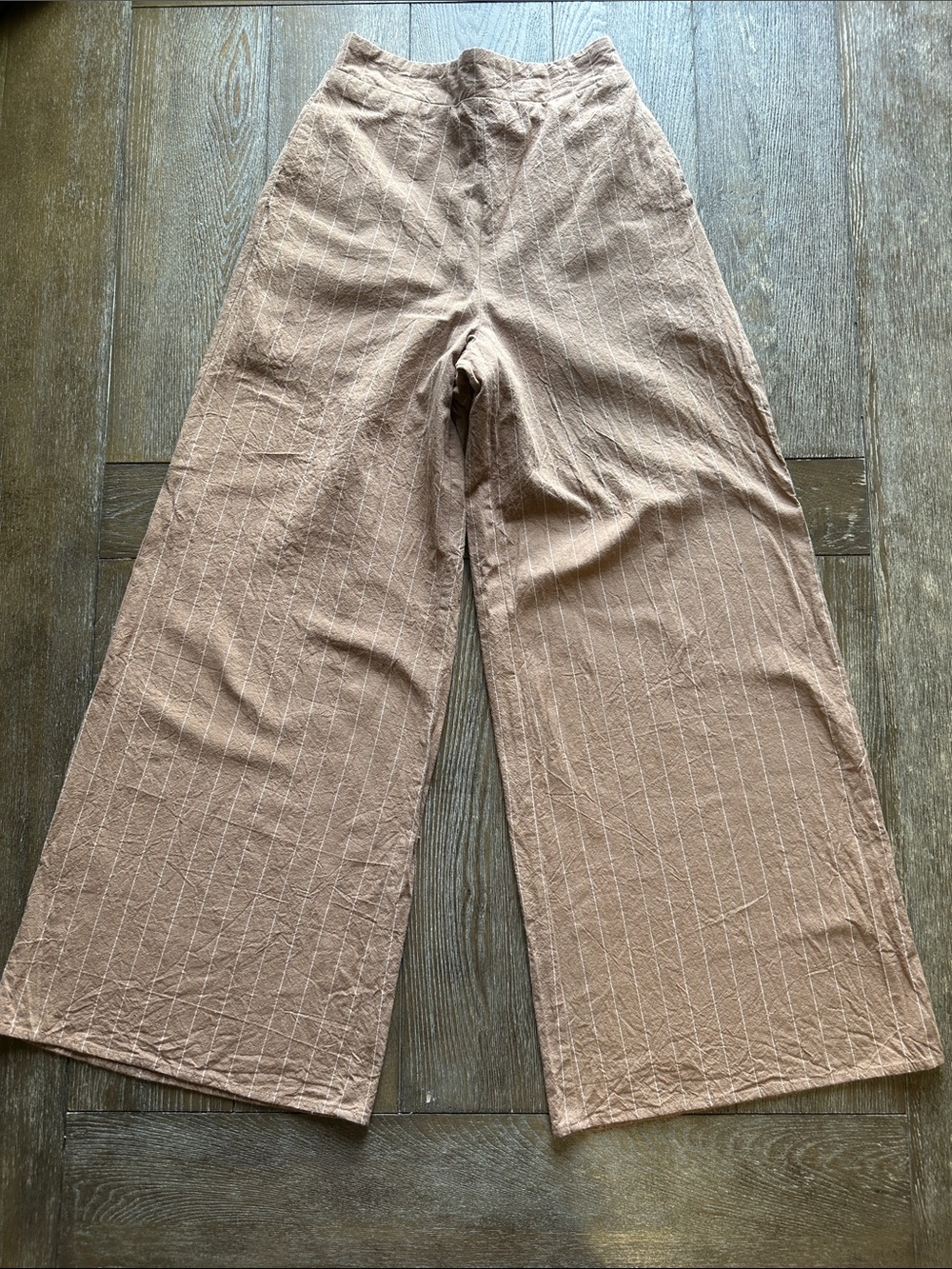 MIOU MUSE Relaxed Pinstripe Wide-Leg Pants in Warm Tan